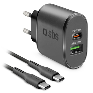 Slika od Kucni punjac SBS M3 USB-A 18W+Type-C PD 20W sa Type C na Type C kablom crni (TEKITTRPDCCK)